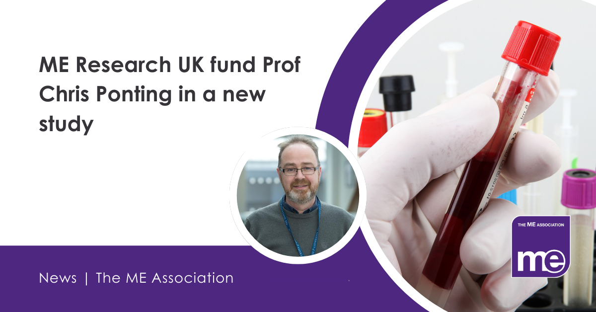 IMAGE DESCRIPTION: Photo of a scientist holding a blood vial. Photo of Prof Chris Ponting. Heading - ME Research UK fund Prof Chris Ponting in a new study