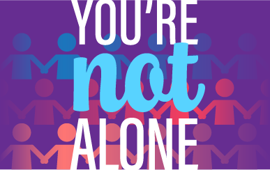 You're not alone logo featuring different coloured paper-chain people in the background holding hands