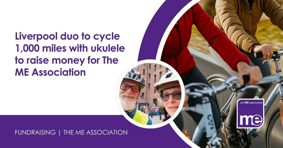 IMAGE DESCRIPTION: An image of people riding bikes, with a circular image of Rob and Fliss with bicycle helmets on. Tile: Liverpool duo to cycle 1,000 miles with ukulele to raise money for The ME Association. The ME Association Logo (bottom right)