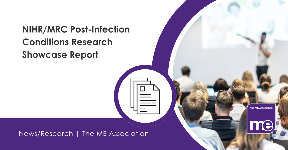IMAGE DESCRIPTION: Photo of a conference presentation. Graphic icon of papers representing a report. Heading - NIHR/MRC Post-Infection Conditions Research Showcase Report
