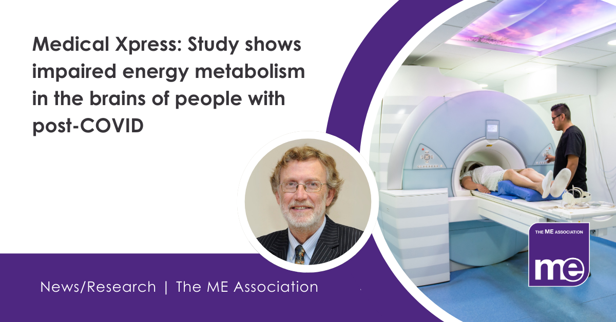 IMAGE DESCRIPTION: Photo of someone in an MRI machine. Photo of Dr Charles Shepherd. Heading - Medical Xpress: Study shows impaired energy metabolism in the brains of people with post-COVID
