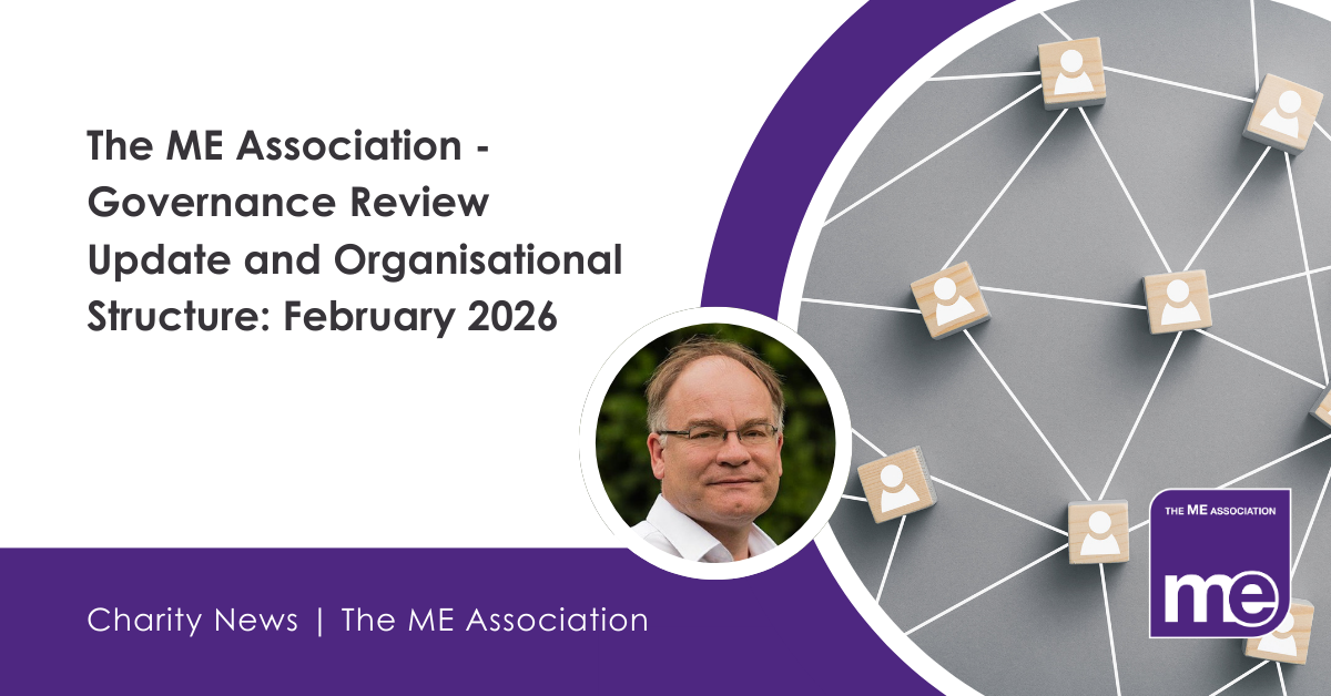 IMAGE DESCRIPTION: Photo of blocks with people painted on connected by sticks, representing relationships and organisation. Photo of David Allen, MEA Chairman. Heading - The ME Association - Governance Review Update and Organisational Structure: February 2026