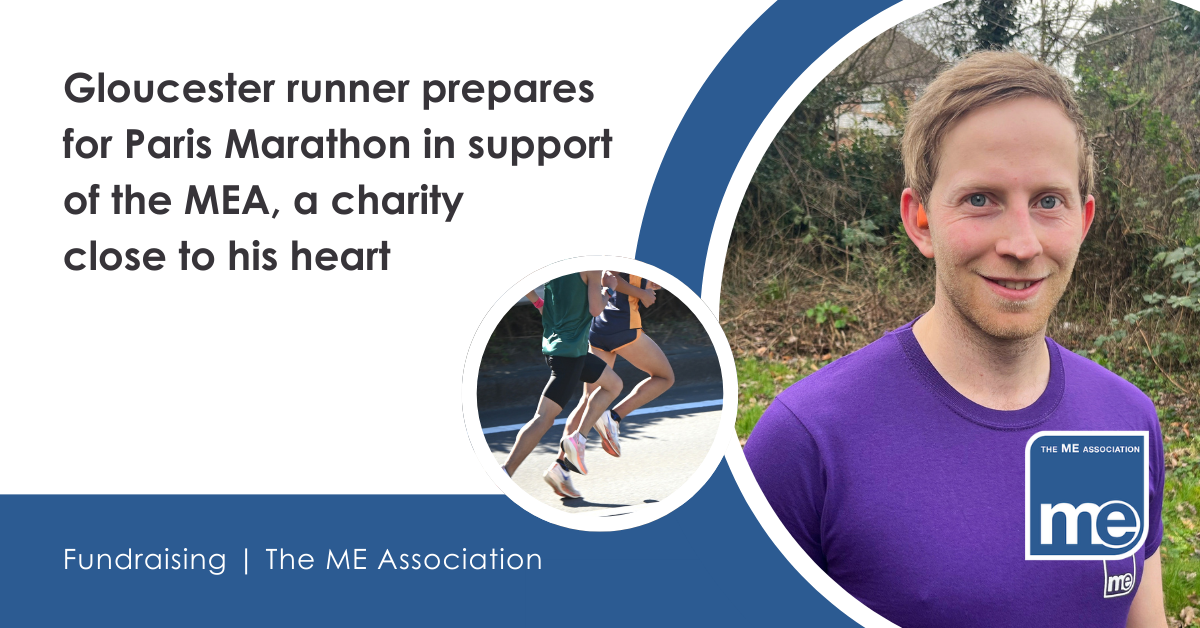 IMAGE DESCRIPTION: Photo of Oliver outside in his purple MEA t-shirt. Photo of marathon runners. Heading - Gloucester runner prepares for Paris Marathon in support of the ME Association, a charity close to his heart