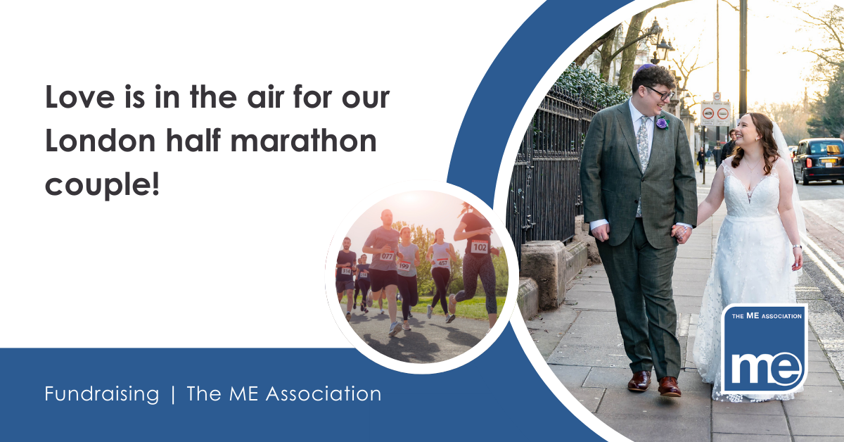 IMAGE DESCRIPTION: Photo of Katie and Harry on their wedding day. Photo of marathon runners. Heading - Love is in the air for our London half marathon couple!