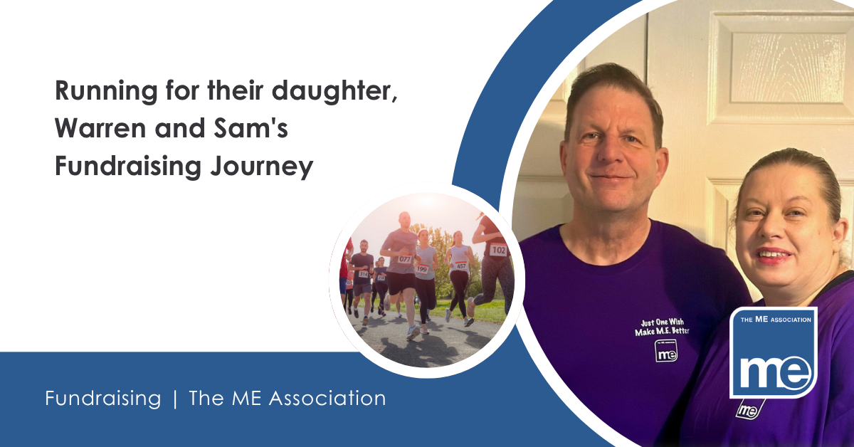 IMAGE DESCRIPTION: Photo of Sam and Warren smiling in their purple MEA shirts. Heading - Running for their daughter, Warren and Sam's Fundraising Journey
