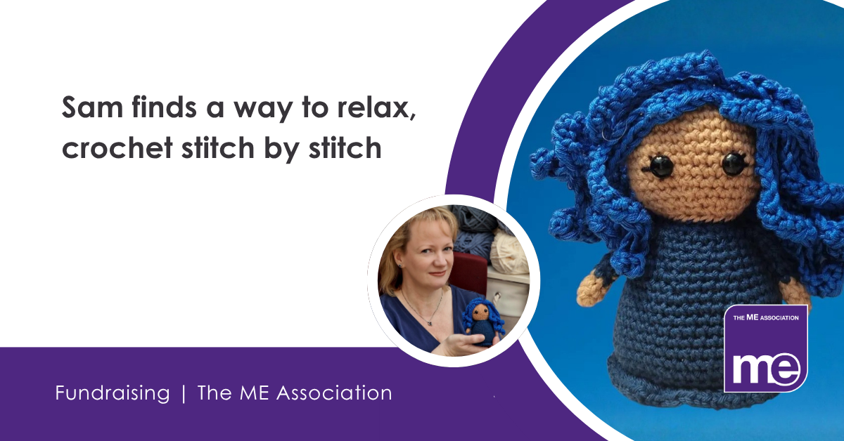 IMAGE DESCRIPTION: Photo of a little blue crochet doll. Photo of Sam, a woman with blond hair, holding up the crochet doll in her hand. Heading - Sam finds a way to relax, crochet stitch by stitch