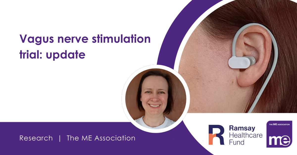Image Description: Photo of someone wearing an ear piece. Photo of Karen Leslie, PHD student. Heading - Vagus nerve stimulation trial: update