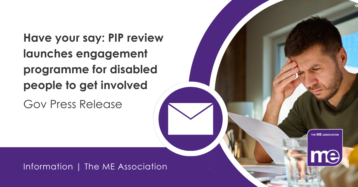 IMAGE DESCRIPTION: Photo of a man looking at a bill with a worried expression. Graphic of an email. Heading - "Have your say: PIP review launches engagement programme for disabled people to get involved. Gov Press Release"