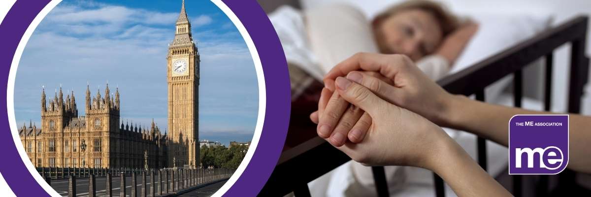 IMAGE DESCRIPTION: Photo of the Houses of Parliament. Photo of people holding hands in hospital.