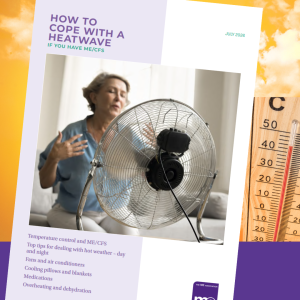 'How to Cope with a Heatwave' document cover and image showing woman using a fan, a thermometer reading nearly 40 centigrade and a sunny day
