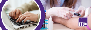 IMAGE DESCRIPTION: Photo of someone writing on a laptop, and another photo of someone having their blood drawn, representing the biobank. ME Association logo, bottom right.
