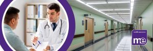 IMAGE DESCRIPTION: An image of a empty hospital to represent closure with the circular image of a patient being seen by a doctor. The ME Association Logo (bottom right)