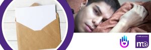 IMAGE DESCRIPTION: A man in bed ill to represent having Long Covid and a circular image of a letter and envelope. The ME Association and Long Covid Advocacy Logos (bottom right)
