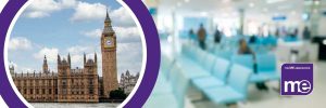 IMAGE DESCRIPTION: Photo of the Houses of Parliament, Photo of a Hospital waiting room. ME Association logo.