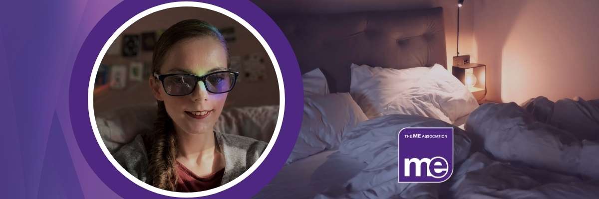 IMAGE DESCRIPTION: Photo of Naomi, wearing dark glasses while sat up and smiling at the camera. ME Association logo.