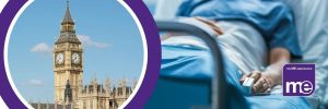 IMAGE DESCRIPTION: An image of someone ill in hospital to represent someone with very severe ME and a circular image of the Houses of Parliament. The ME Association Logo (bottom right)