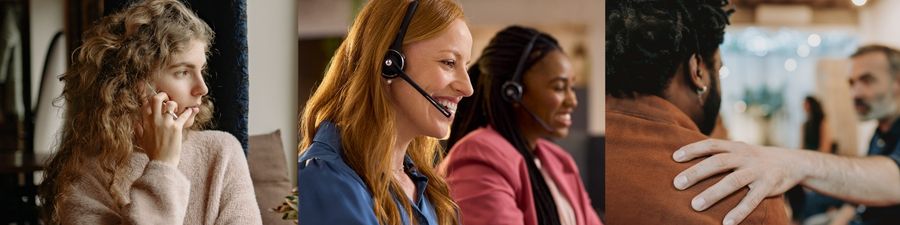 A series of three images. the first one is lady at home looking out the window and ringing the ME Connect phone line for support. The second image is two smiling telephone operatives sat at a desk and talking to people phoning up the ME Connect support line. The third image is two men talking and one is putting his hand on the other man's shoulder as a gesture of support