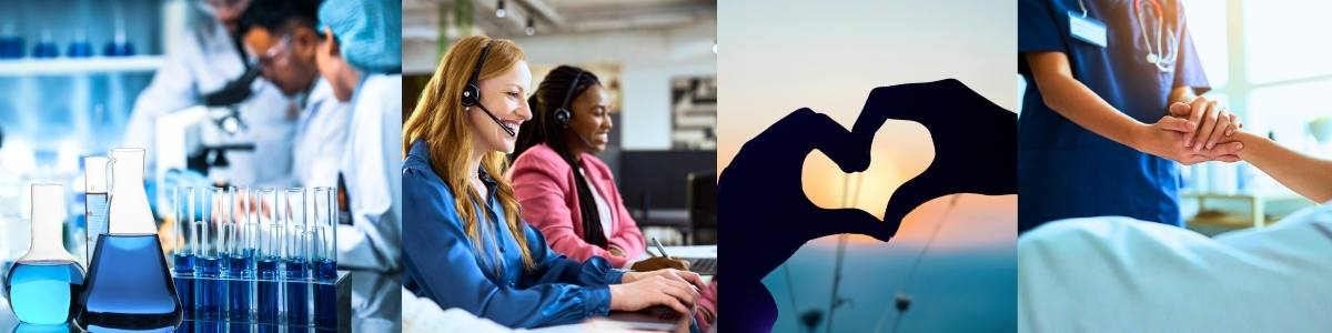 image shows scientific research in a laboratory with test tubes, then a scene with friendly call handlers at a desk, then hands making a heart symbol, then a hospital scene with a patient in a bed holding the hand of a nurse
