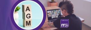 IMAGE DESCRIPTION: Photo of building blocks saying 'AGM'. Photo of someone attending a ZOOM meeting.