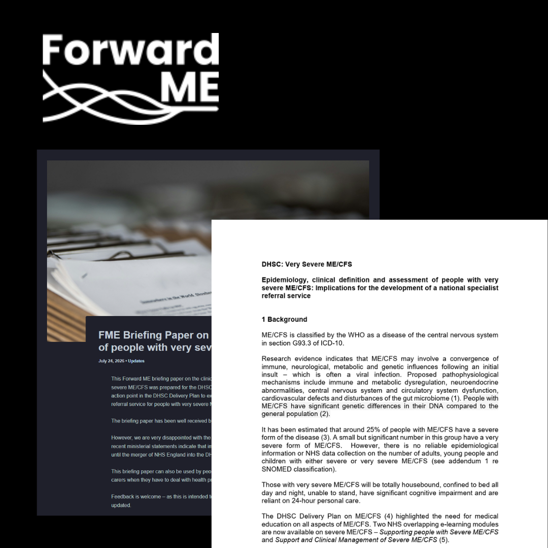 Forward ME logo and image of Briefing Paper on Clinical assessment of people with very severe ME/CFS