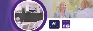 IMAGE DESCRIPTION: Photo of an empty doctors office, and a photo of a smiling GP. Logos: Healthcare 4 ME, ME Association