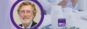 IMAGE DESCRIPTION: An image of medication in a laboratory with a circular image of Dr Charles Shepherd, MEA Hon. Medical Adviser