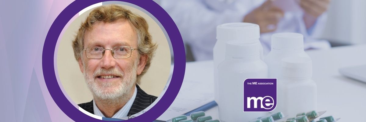 IMAGE DESCRIPTION: An image of medication in a laboratory with a circular image of Dr Charles Shepherd, MEA Hon. Medical Adviser