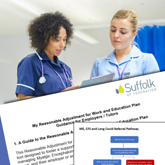 healthcare professionals in a hospital and overlay of documents and workplace adjustments and healthcare flow for treatment about ME/CFS