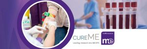 IMAGE DESCRIPTION: Photo of someone having their blood drawn, and photo of blood vials. Logos: Cure ME and ME Association.