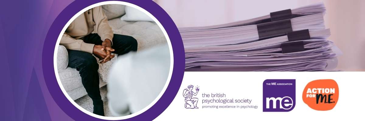 IMAGE DESCRIPTION: Photo of a person sat on a sofa in a counselling session. Logos: British Psychological Society, ME Association, Action for ME