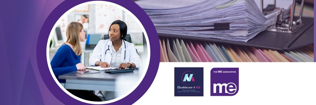 IMAGE DESCRIPTION: An image of files and folders with a circular image of a doctor speaking with a patient at a clinic. With the ME Association and H4ME logos.