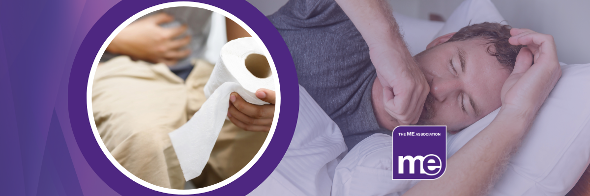 IMAGE DESCRIPTION: Photo of a man lying on a bed, looking unwell. Also a round photo of someone sat on the toilet, holding toilet roll.