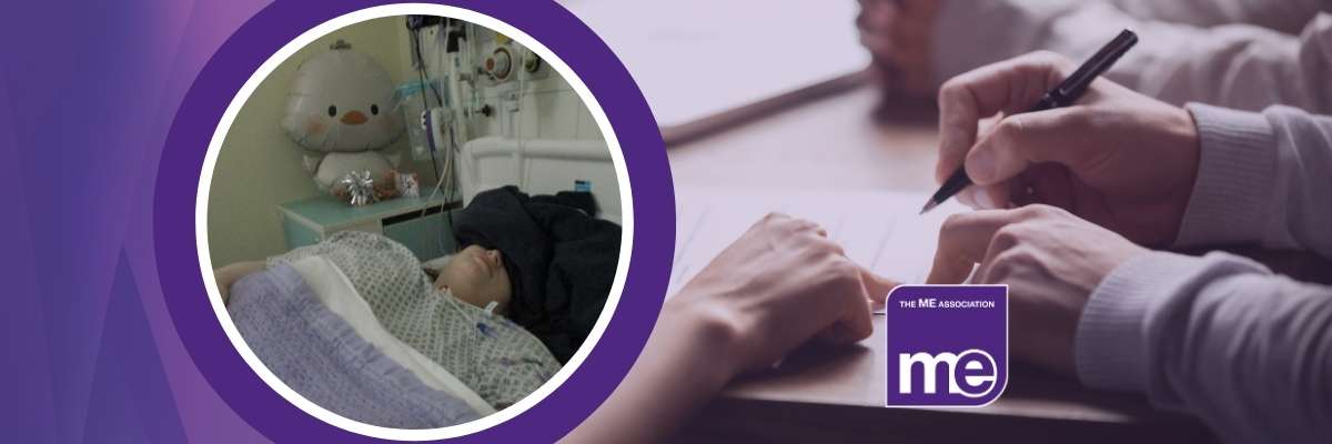 Photo of Karen lying in a hospital bed with a cloth over her eyes for light sensitivity. Second photo of people signing a letter, representing the solicitors letters. ME Association logo.