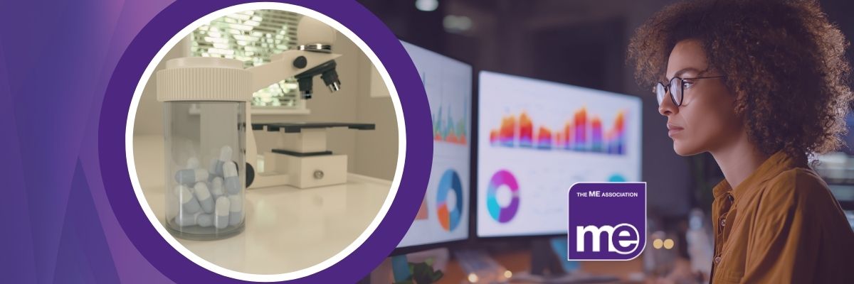 IMAGE DESCRIPTION: An image of a lady reviewing research data with a circular image of a microscope with a bottle of supplements. With the ME Association Logo.