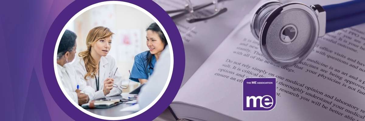 IMAGE DESCRIPTION: A photo of medical researches talking together. Logos: ME Association.