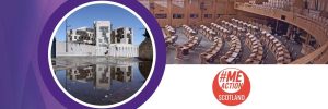 Photos of Holyrood, the Scottish parliament. Logos: MEAction Scotland