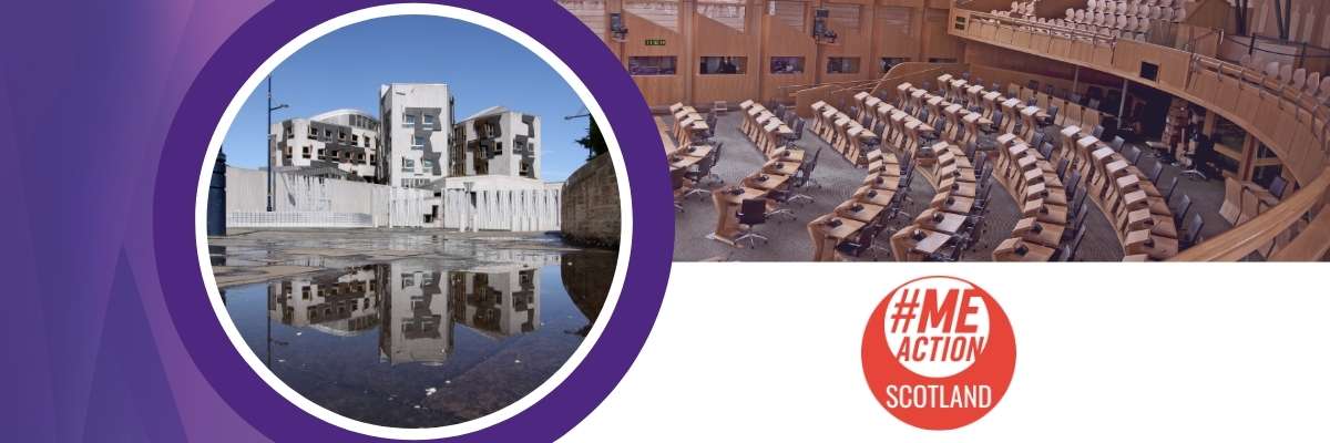 Photos of Holyrood, the Scottish parliament. Logos: MEAction Scotland