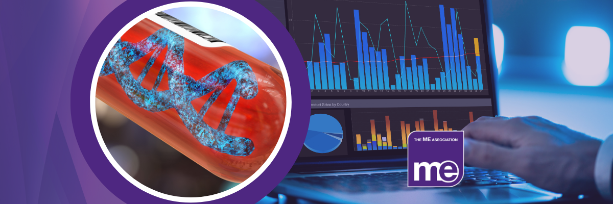 IMAGE DESCRIPTION: An image of a person on a computer looking at data with a circulat image of a blood vial with an image to represent DNA. With the ME Association Logo.