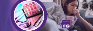 IMAGE DESCRIPTION: Photo of medical research overlaid onto a photo of a young woman looking unwell.