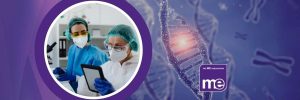 IMAGE DESCRIPTION: Photo of researchers in a lab. ME Association logo.