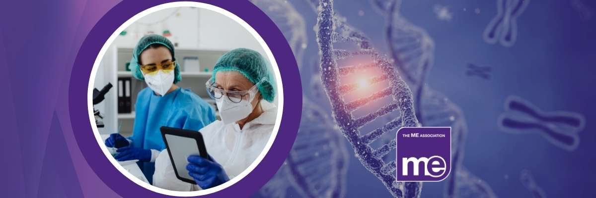 IMAGE DESCRIPTION: Photo of researchers in a lab. ME Association logo.