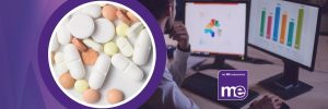 IMAGE DESCRIPTION: Photo of medication overlaid onto a photo of someone compiling research data on a computer.
