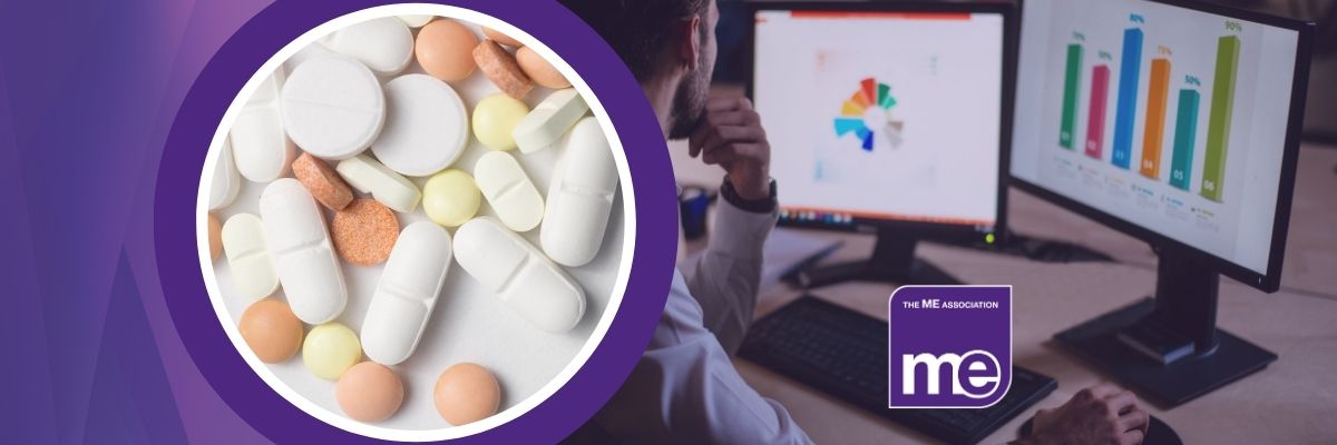 IMAGE DESCRIPTION: Photo of medication overlaid onto a photo of someone compiling research data on a computer.