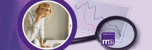IMAGE DESCRIPTION: An image of a graph with a magnifying glass and a circular image of a person experiencing dizziness. With the ME Association Logo