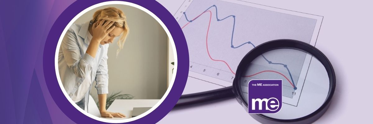 IMAGE DESCRIPTION: An image of a graph with a magnifying glass and a circular image of a person experiencing dizziness. With the ME Association Logo