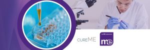 IMAGE DESCRIPTION: An image of a person working in a laboratory and a circular image of samples. With the UK ME/CFS Biobank and ME Association Logos
