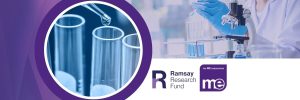 IMAGE DESCRIPTION: An image of a person working in a research laboratory with a circular image of test tubes to represent samples. With Ramsay Research Fund and ME Association Logos