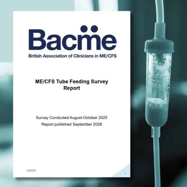 BACME ME/CFS Tube Feeding Survey Report cover and image of feeding tube in a hospital