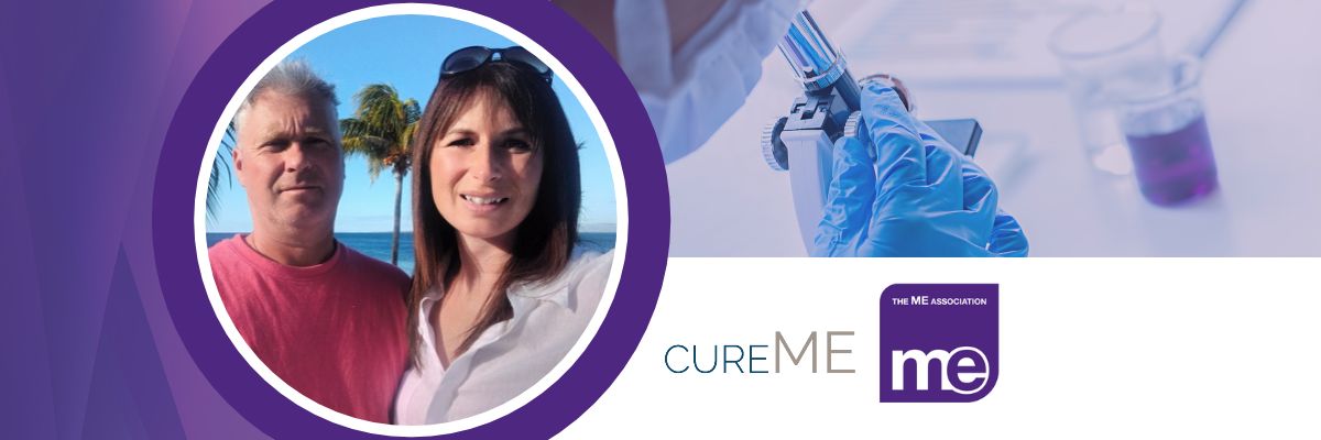 IMAGE DESCRIPTION: A person in a research laboratory using a microscope with a circular image of Yvette & Andrew Jackson. With Cure ME and the ME Association's logos.