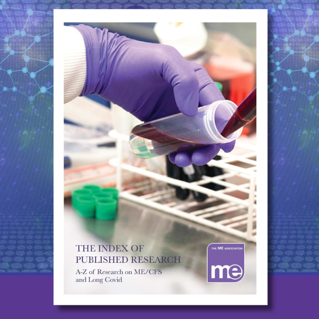 MEA Index of Published ME/CFS Research 2023 leaflet cover showing test tubes